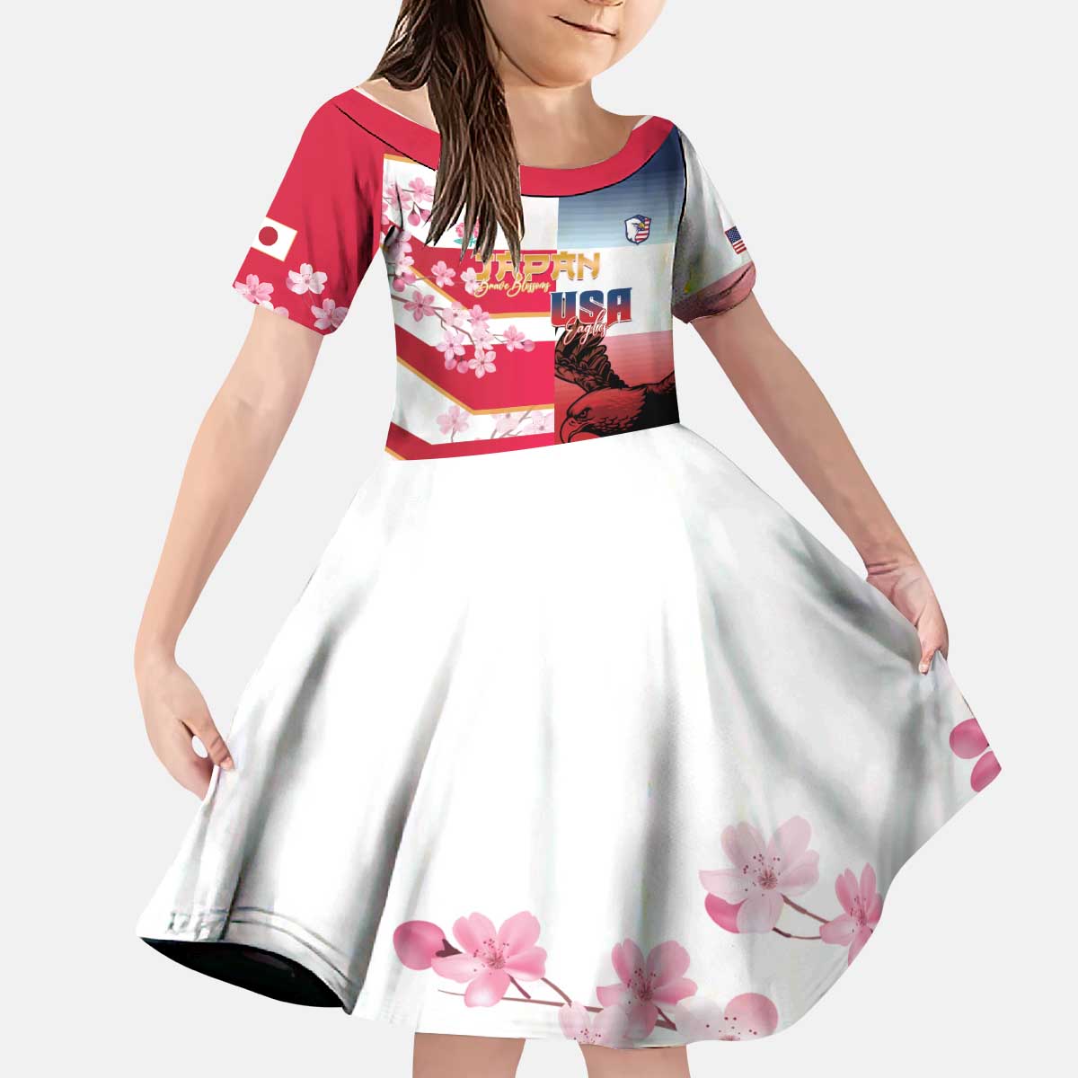 USA and Japan Rugby Custom Kid Short Sleeve Dress Eagles Brave Blossoms Together Pacific - Polynesian Pride