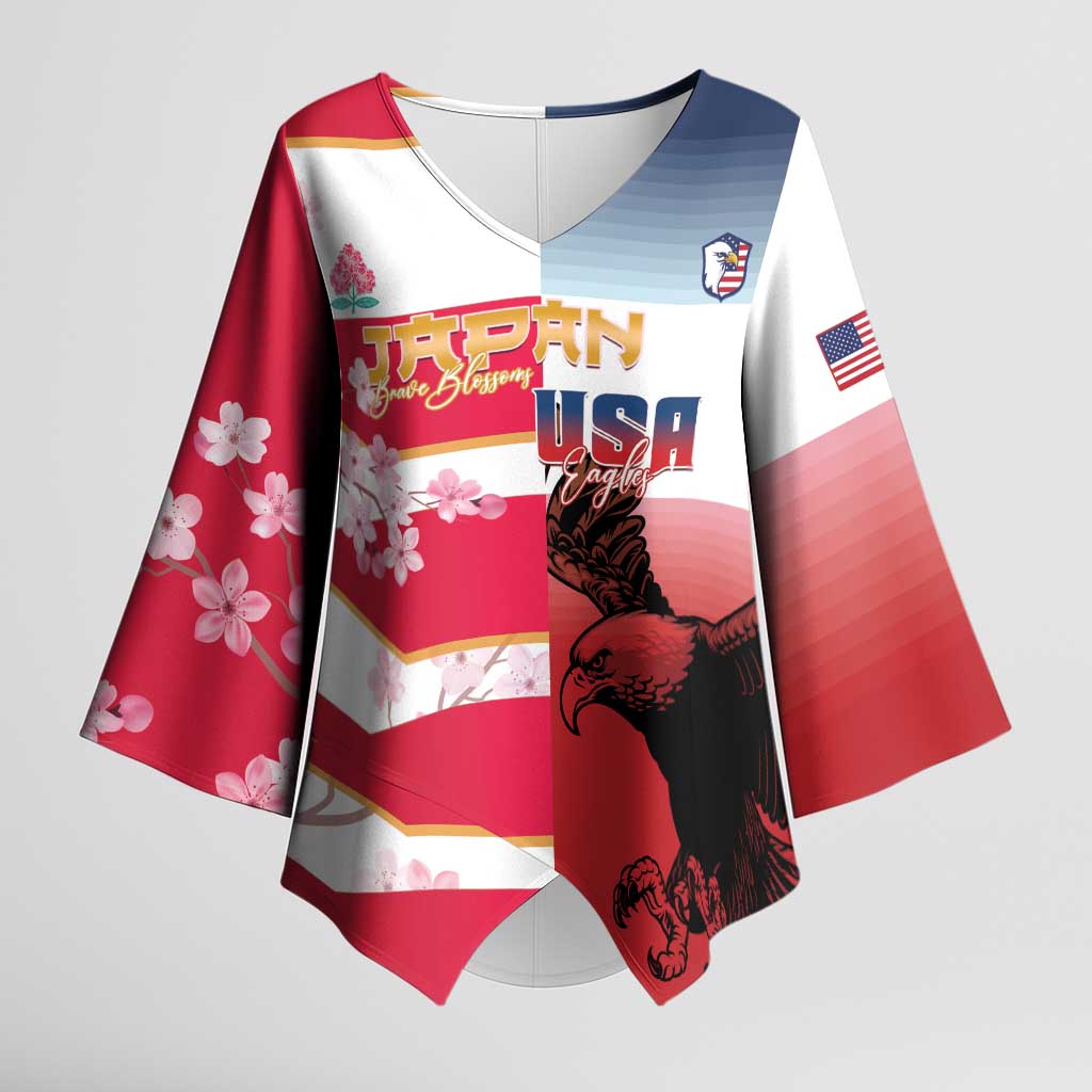 USA and Japan Rugby Custom Kimono Sleeve Blouse Eagles Brave Blossoms Together Pacific - Polynesian Pride