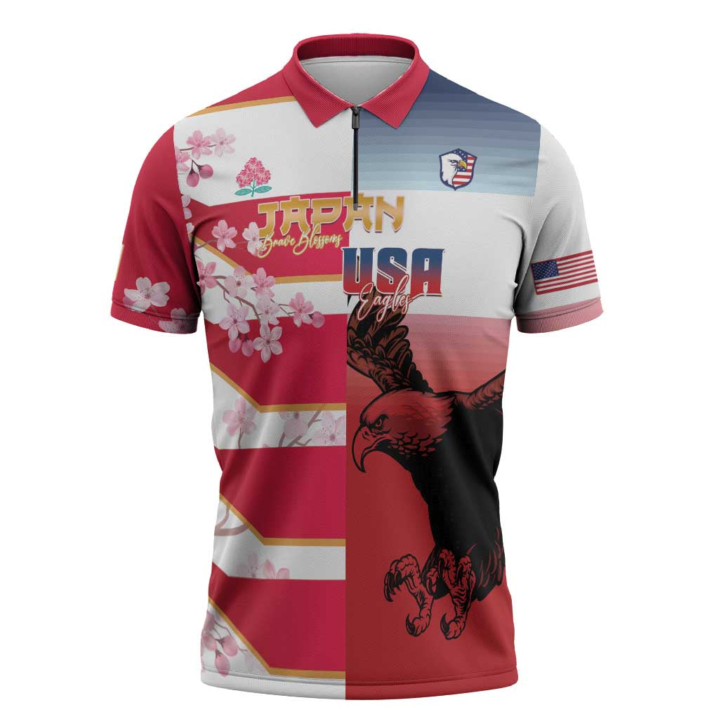 USA and Japan Rugby Custom Zipper Polo Shirt Eagles Brave Blossoms Together Pacific - Polynesian Pride