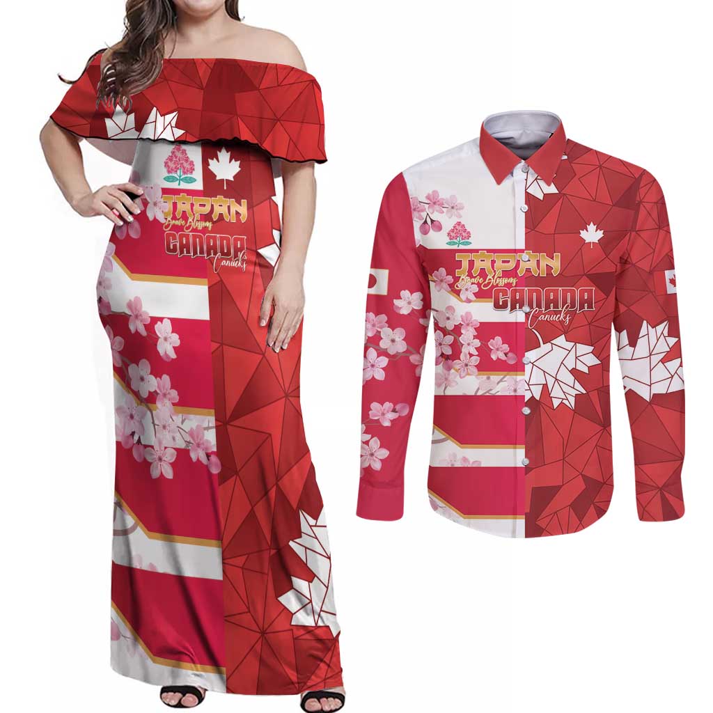 Canada and Japan Rugby Custom Couples Matching Off Shoulder Maxi Dress and Long Sleeve Button Shirt Canucks Brave Blossoms Together Pacific - Polynesian Pride