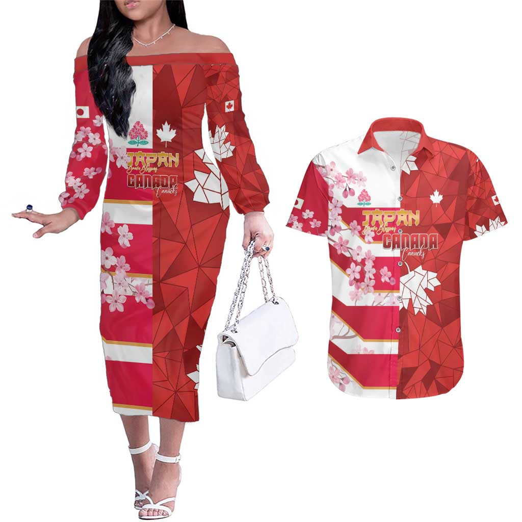Canada and Japan Rugby Custom Couples Matching Off The Shoulder Long Sleeve Dress and Hawaiian Shirt Canucks Brave Blossoms Together Pacific LT14 Red - Polynesian Pride