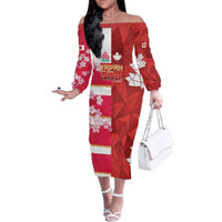Canada and Japan Rugby Custom Family Matching Off The Shoulder Long Sleeve Dress and Hawaiian Shirt Canucks Brave Blossoms Together Pacific LT14 Mom's Dress Red - Polynesian Pride