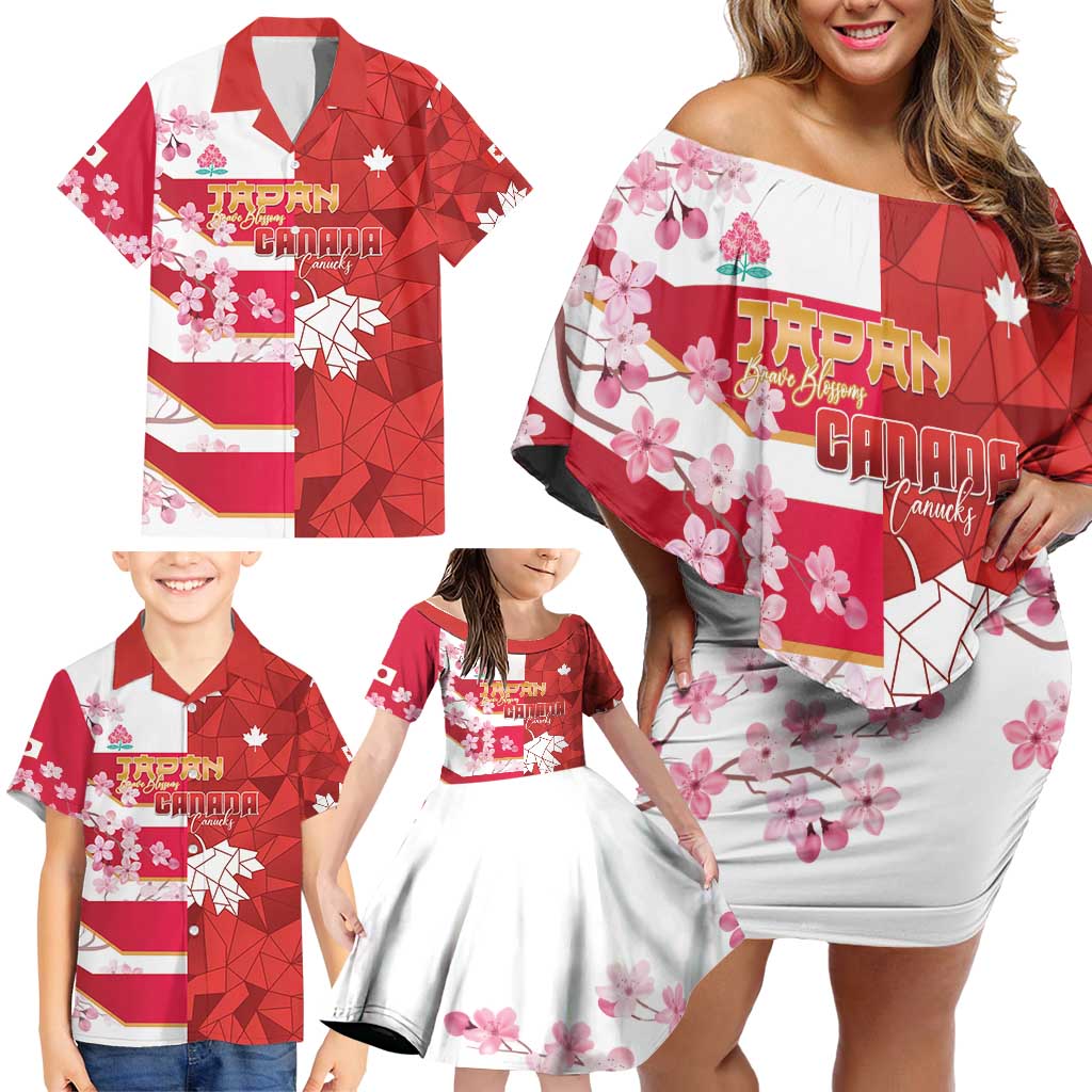 Canada and Japan Rugby Custom Family Matching Off Shoulder Short Dress and Hawaiian Shirt Canucks Brave Blossoms Together Pacific - Polynesian Pride