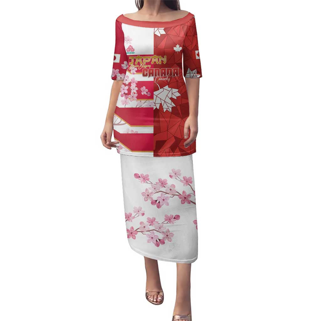 Canada and Japan Rugby Custom Family Matching Puletasi and Hawaiian Shirt Canucks Brave Blossoms Together Pacific LT14 Mom's Dress Red - Polynesian Pride