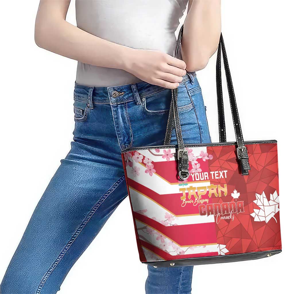 Canada and Japan Rugby Custom Leather Tote Bag Canucks Brave Blossoms Together Pacific - Polynesian Pride