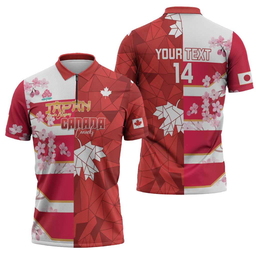 Canada and Japan Rugby Custom Zipper Polo Shirt Canucks Brave Blossoms Together Pacific - Polynesian Pride