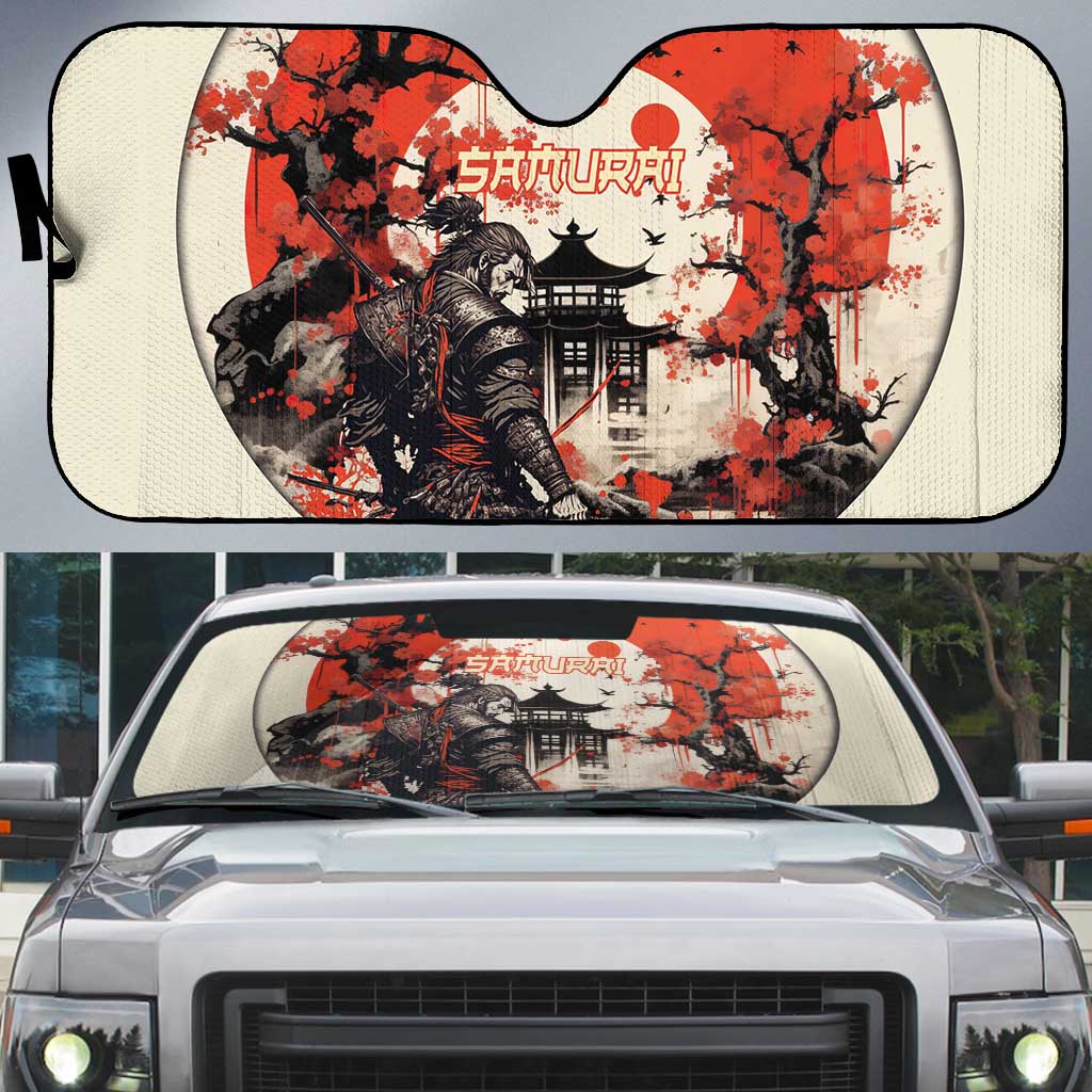 Samurai Warrior Japan Auto Sun Shade Red-blossomed Tree Classic Japanese Stylized LT14 Red - Polynesian Pride