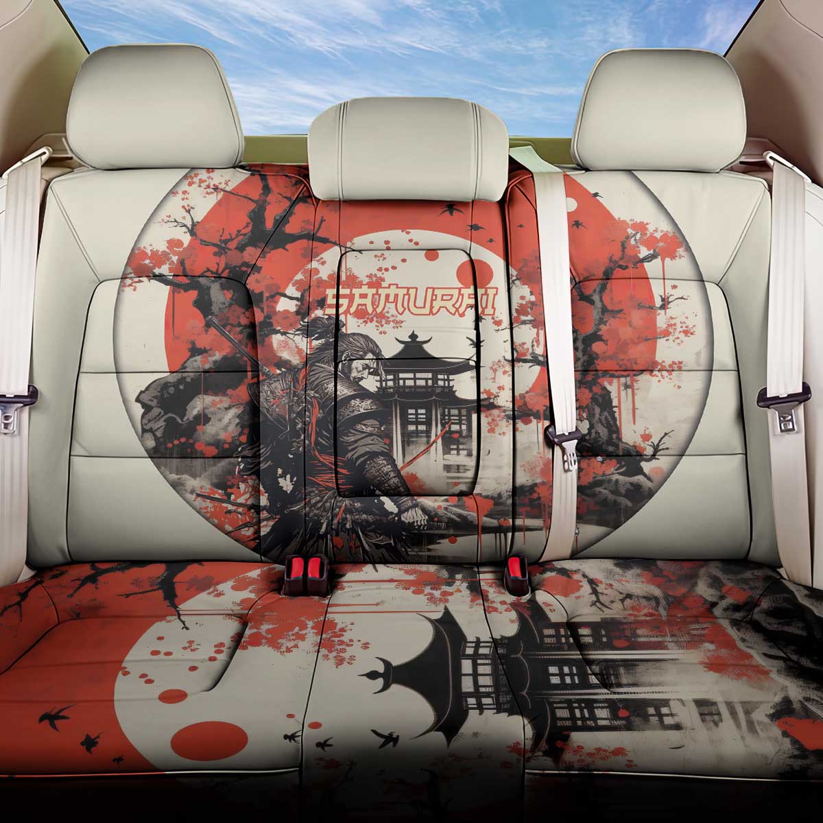 Samurai Warrior Japan Back Car Seat Cover Red-blossomed Tree Classic Japanese Stylized - Polynesian Pride