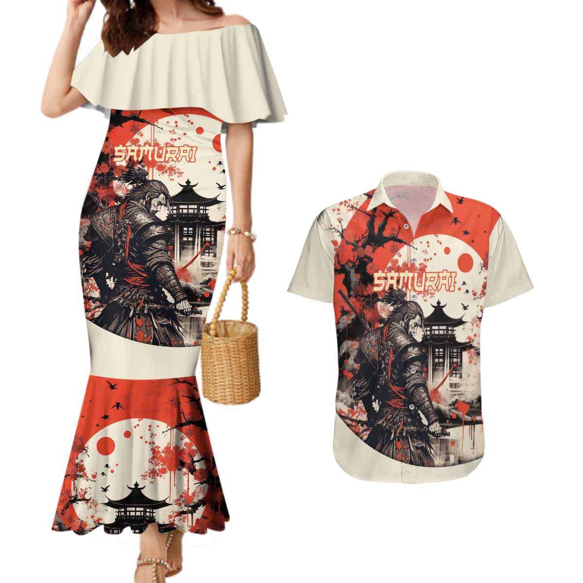 Samurai Warrior Japan Couples Matching Mermaid Dress and Hawaiian Shirt Red-blossomed Tree Classic Japanese Stylized - Polynesian Pride