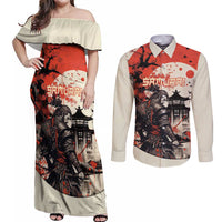 Samurai Warrior Japan Couples Matching Off Shoulder Maxi Dress and Long Sleeve Button Shirt Red-blossomed Tree Classic Japanese Stylized - Polynesian Pride