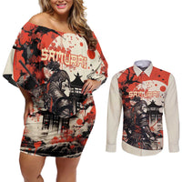 Samurai Warrior Japan Couples Matching Off Shoulder Short Dress and Long Sleeve Button Shirt Red-blossomed Tree Classic Japanese Stylized - Polynesian Pride