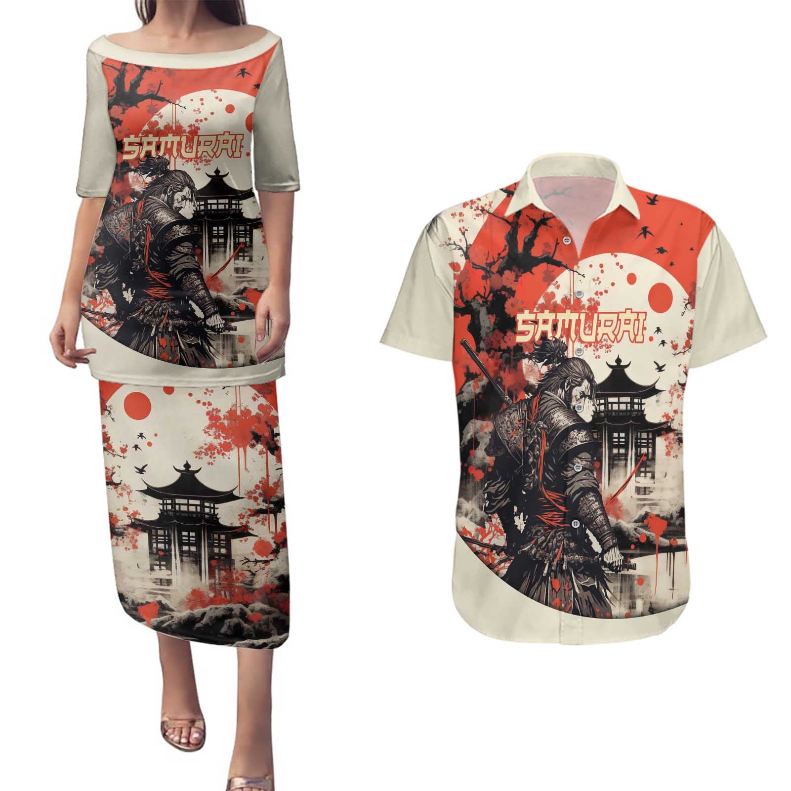 Samurai Warrior Japan Couples Matching Puletasi and Hawaiian Shirt Red-blossomed Tree Classic Japanese Stylized - Polynesian Pride