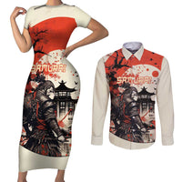 Samurai Warrior Japan Couples Matching Short Sleeve Bodycon Dress and Long Sleeve Button Shirt Red-blossomed Tree Classic Japanese Stylized - Polynesian Pride
