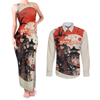 Samurai Warrior Japan Couples Matching Tank Maxi Dress and Long Sleeve Button Shirt Red-blossomed Tree Classic Japanese Stylized - Polynesian Pride