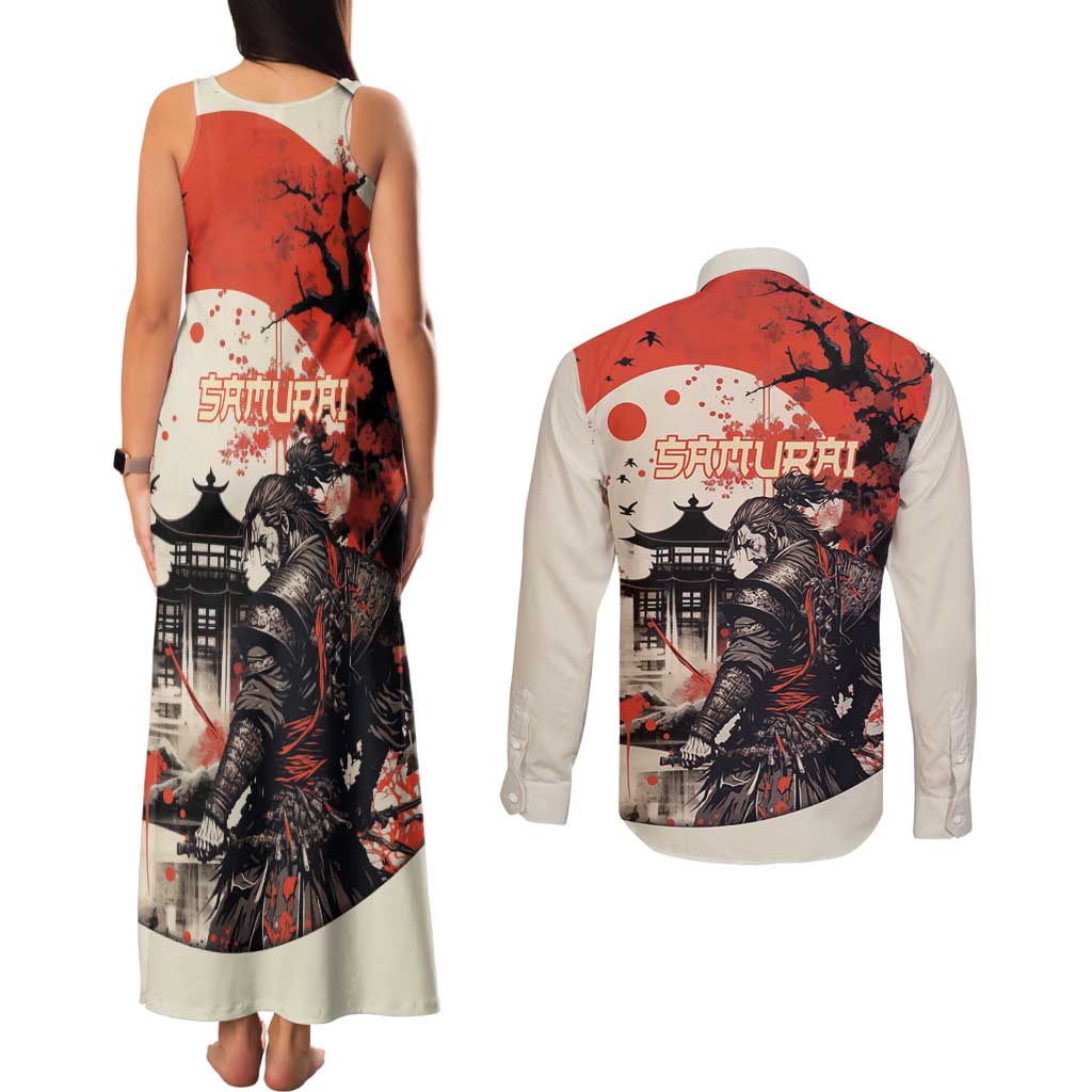 Samurai Warrior Japan Couples Matching Tank Maxi Dress and Long Sleeve Button Shirt Red-blossomed Tree Classic Japanese Stylized - Polynesian Pride