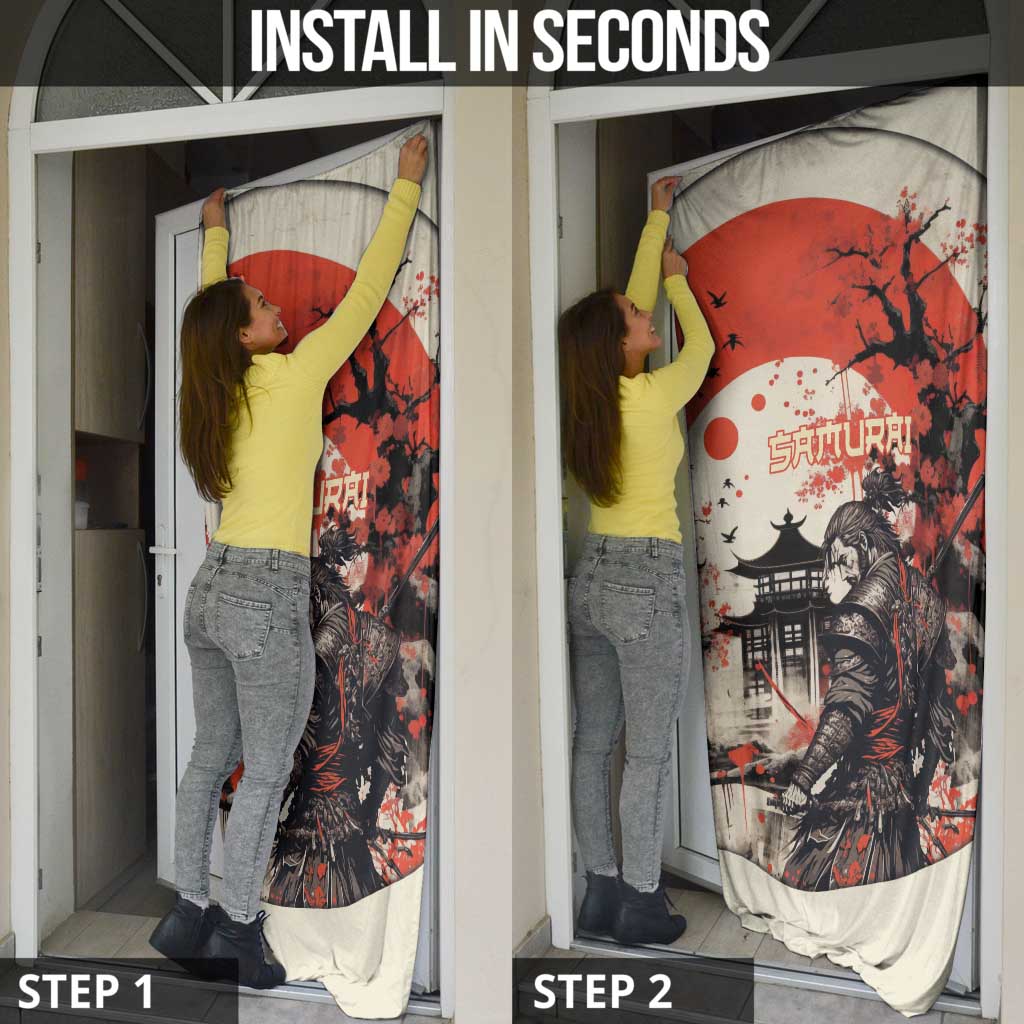 Samurai Warrior Japan Door Cover Red-blossomed Tree Classic Japanese Stylized - Polynesian Pride