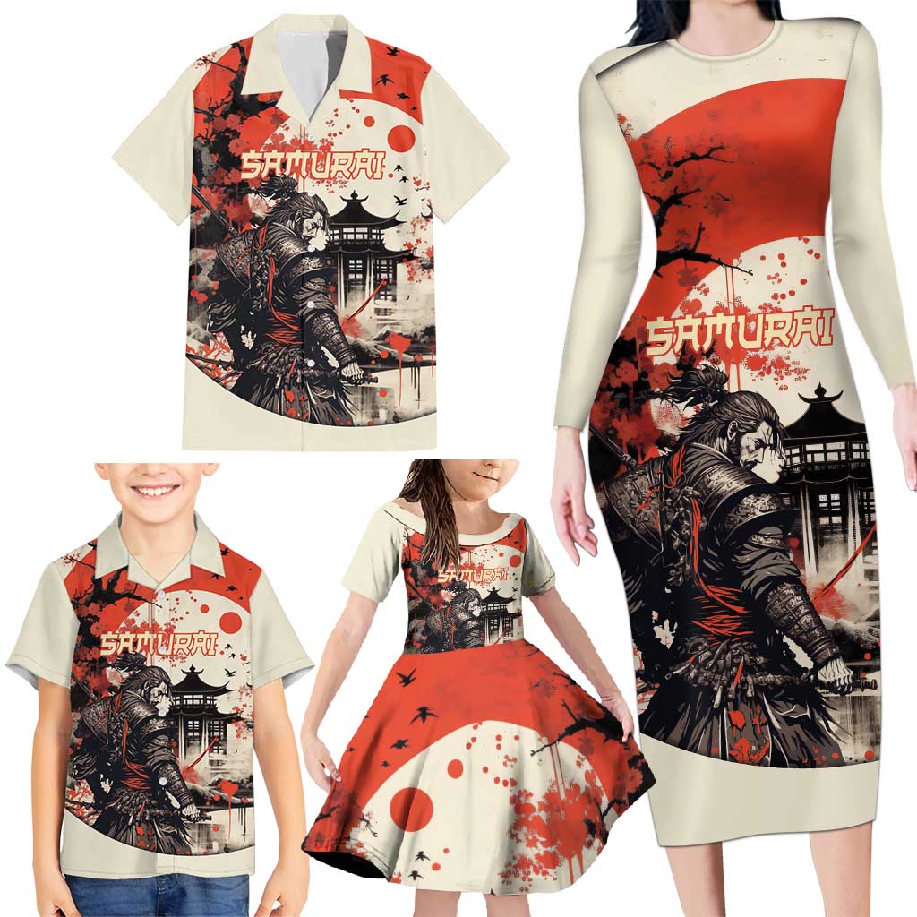 Samurai Warrior Japan Family Matching Long Sleeve Bodycon Dress and Hawaiian Shirt Red-blossomed Tree Classic Japanese Stylized - Polynesian Pride