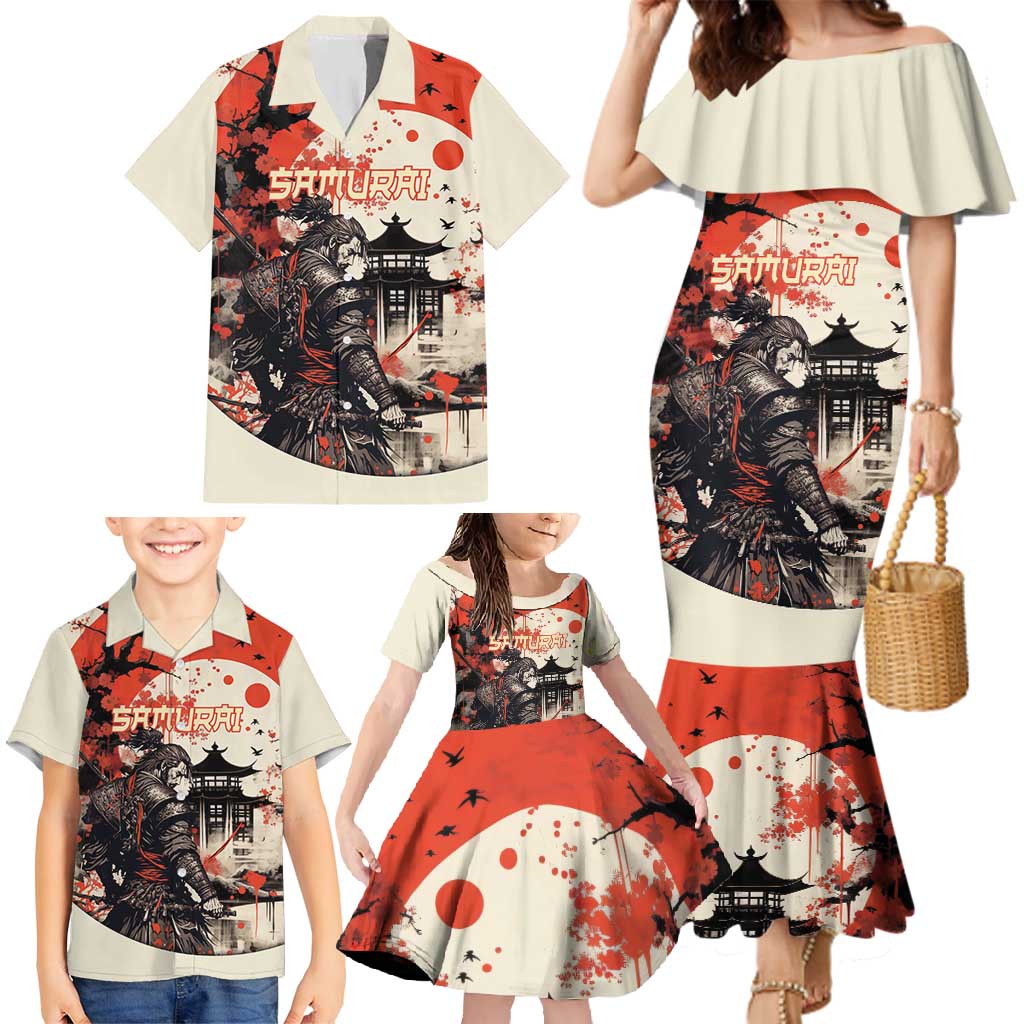 Samurai Warrior Japan Family Matching Mermaid Dress and Hawaiian Shirt Red-blossomed Tree Classic Japanese Stylized - Polynesian Pride