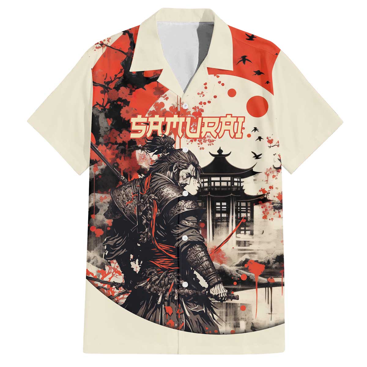 Samurai Warrior Japan Family Matching Off The Shoulder Long Sleeve Dress and Hawaiian Shirt Red-blossomed Tree Classic Japanese Stylized - Polynesian Pride