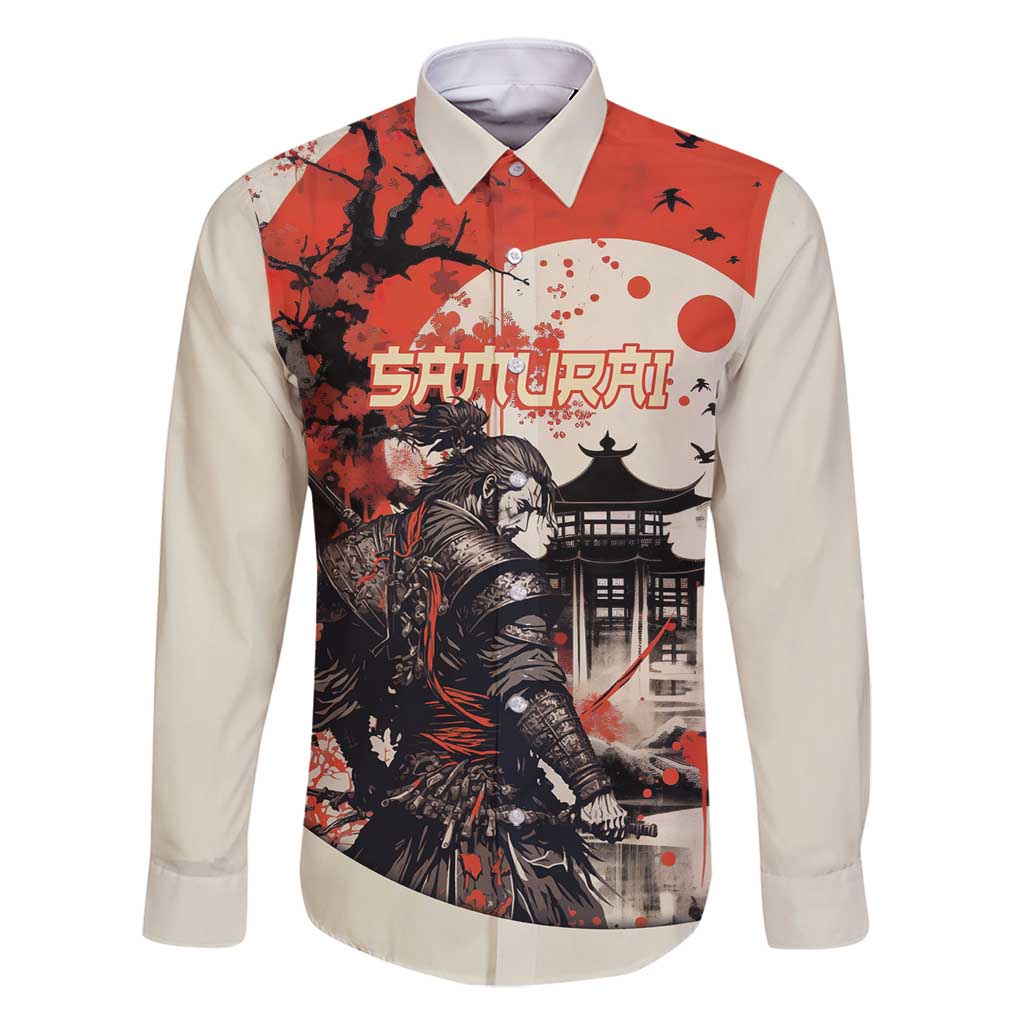 Samurai Warrior Japan Family Matching Off Shoulder Short Dress and Hawaiian Shirt Red-blossomed Tree Classic Japanese Stylized - Polynesian Pride