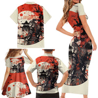 Samurai Warrior Japan Family Matching Short Sleeve Bodycon Dress and Hawaiian Shirt Red-blossomed Tree Classic Japanese Stylized - Polynesian Pride