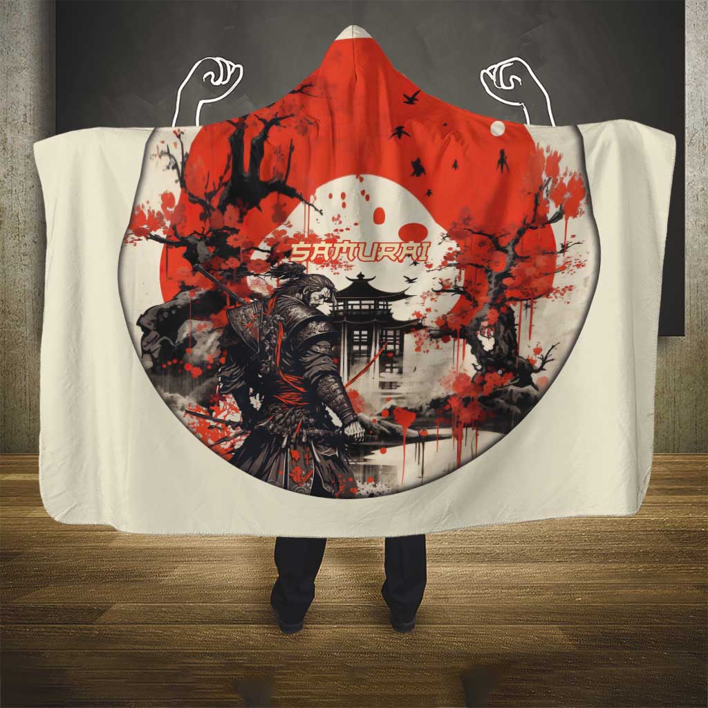 Samurai Warrior Japan Hooded Blanket Red-blossomed Tree Classic Japanese Stylized - Polynesian Pride