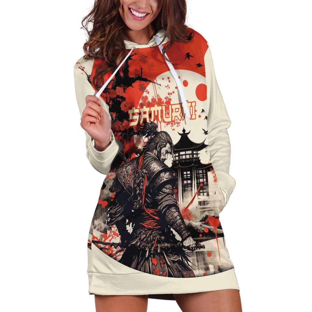Samurai Warrior Japan Hoodie Dress Red-blossomed Tree Classic Japanese Stylized - Polynesian Pride