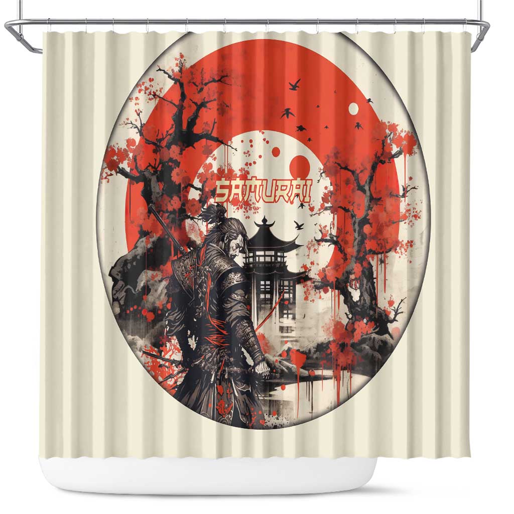 Samurai Warrior Japan Shower Curtain Red-blossomed Tree Classic Japanese Stylized - Polynesian Pride