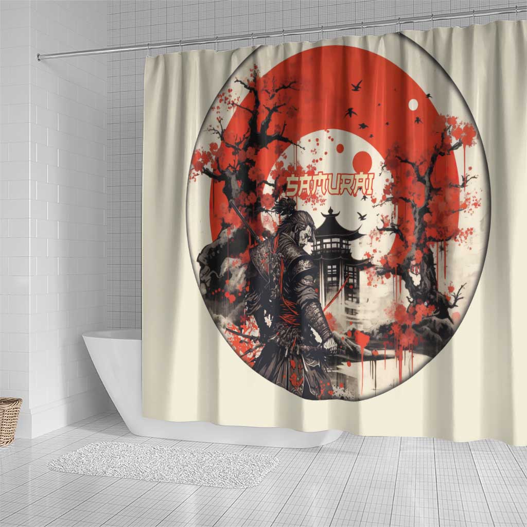 Samurai Warrior Japan Shower Curtain Red-blossomed Tree Classic Japanese Stylized - Polynesian Pride