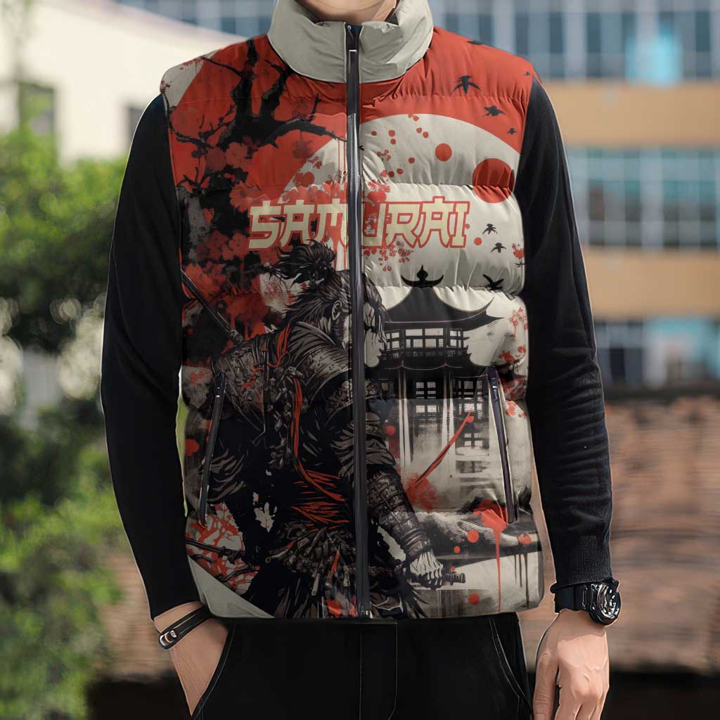 Samurai Warrior Japan Sleeveless Puffer Jacket Red-blossomed Tree Classic Japanese Stylized - Polynesian Pride