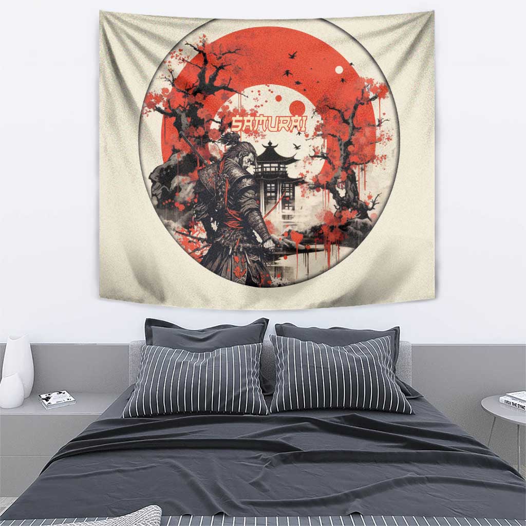 Samurai Warrior Japan Tapestry Red-blossomed Tree Classic Japanese Stylized - Polynesian Pride
