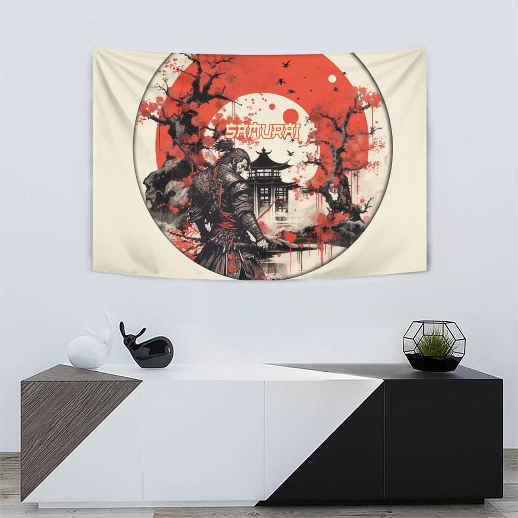 Samurai Warrior Japan Tapestry Red-blossomed Tree Classic Japanese Stylized - Polynesian Pride