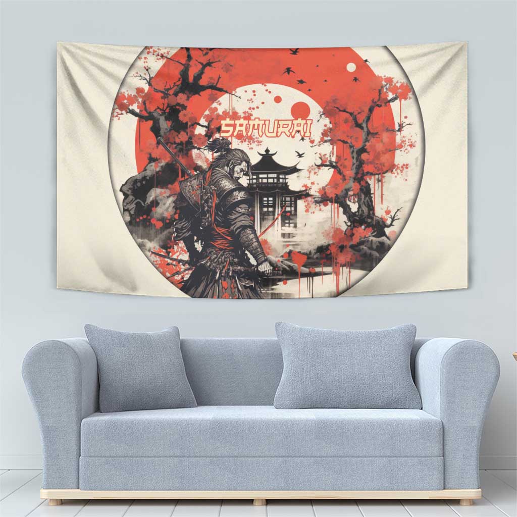 Samurai Warrior Japan Tapestry Red-blossomed Tree Classic Japanese Stylized - Polynesian Pride