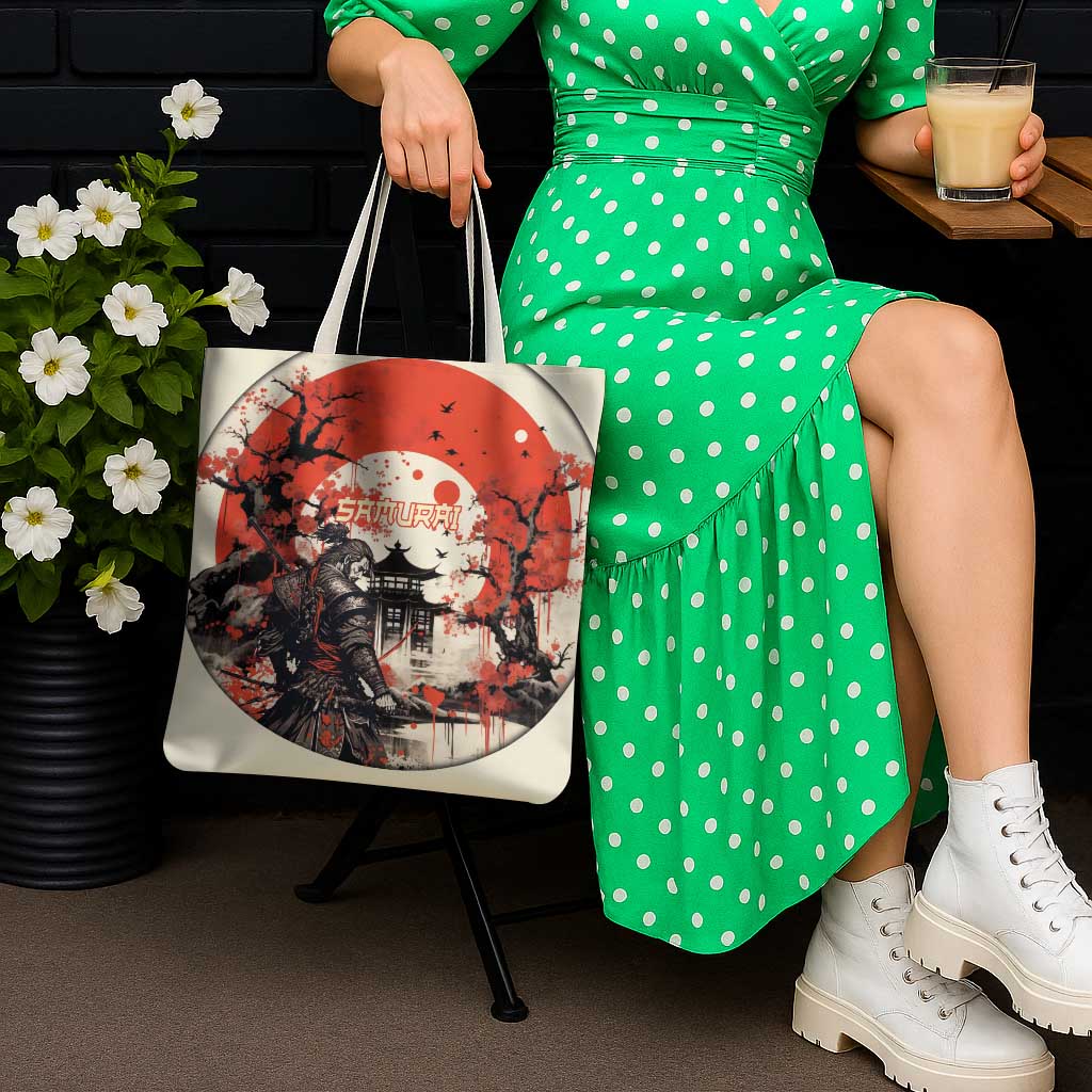 Samurai Warrior Japan Tote Bag Red-blossomed Tree Classic Japanese Stylized - Polynesian Pride