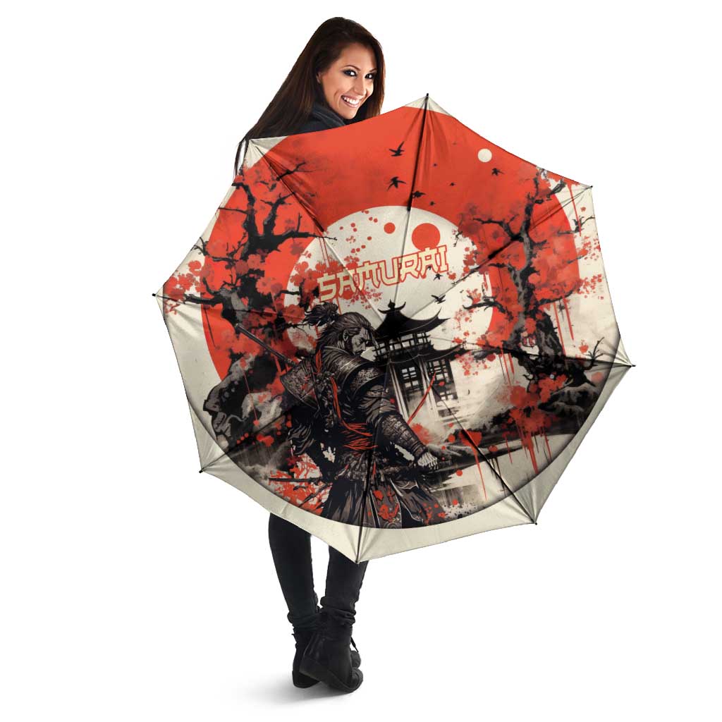 Samurai Warrior Japan Umbrella Red-blossomed Tree Classic Japanese Stylized - Polynesian Pride