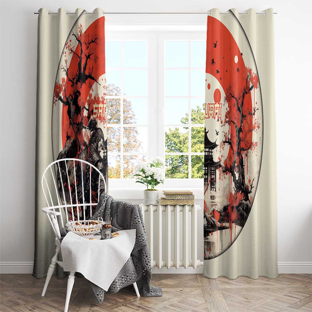 Samurai Warrior Japan Window Curtain Red-blossomed Tree Classic Japanese Stylized - Polynesian Pride