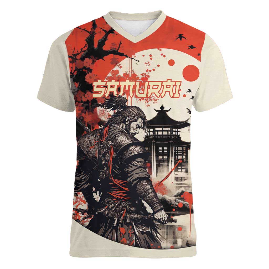 Samurai Warrior Japan Women V-Neck T-Shirt Red-blossomed Tree Classic Japanese Stylized - Polynesian Pride