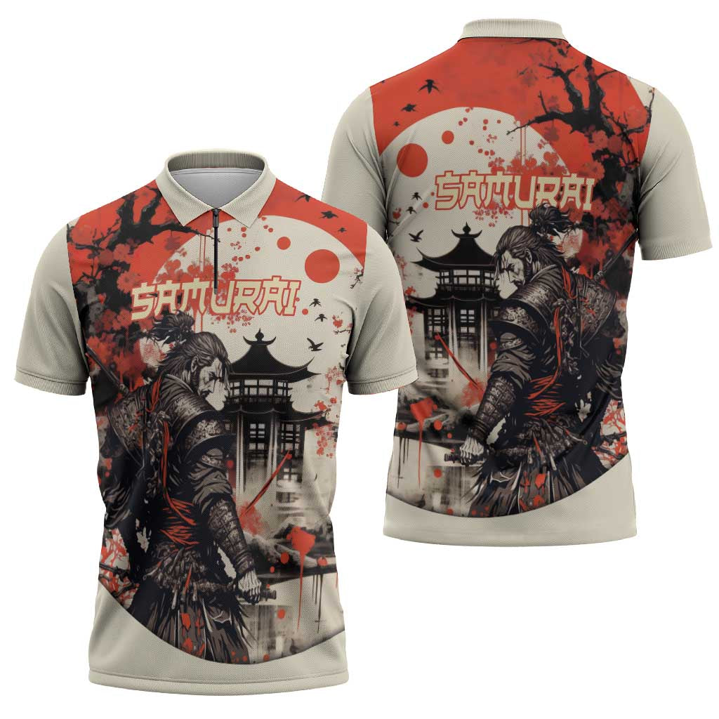Samurai Warrior Japan Zipper Polo Shirt Red-blossomed Tree Classic Japanese Stylized - Polynesian Pride