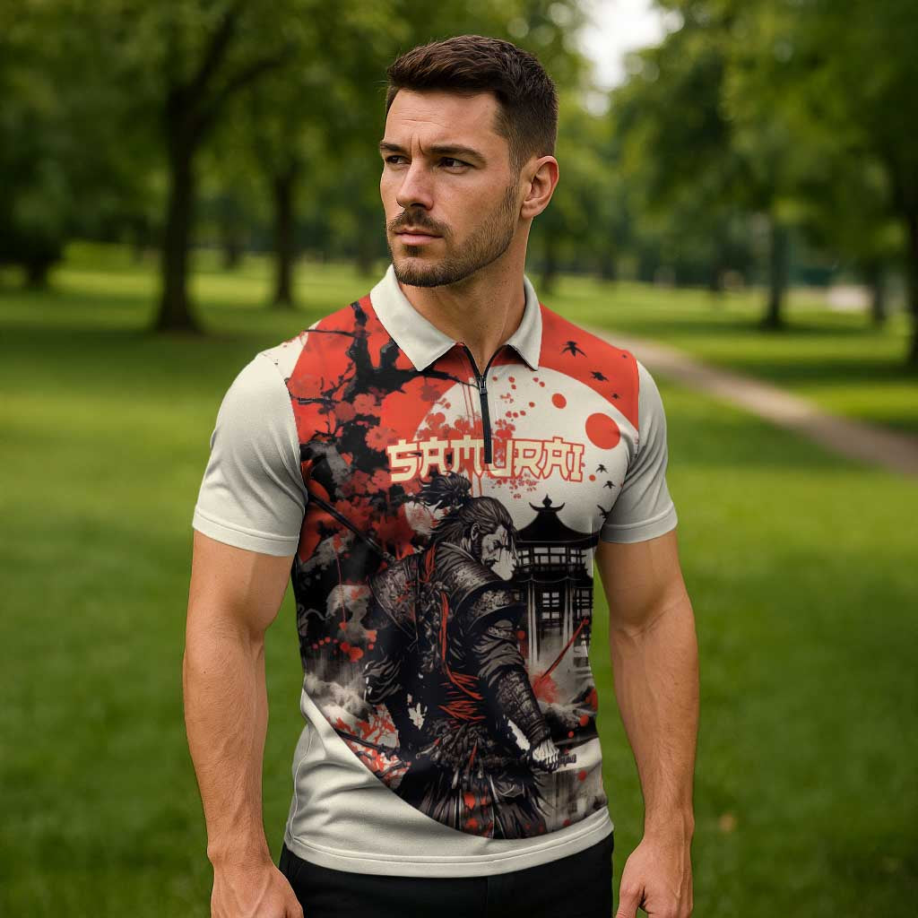 Samurai Warrior Japan Zipper Polo Shirt Red-blossomed Tree Classic Japanese Stylized - Polynesian Pride