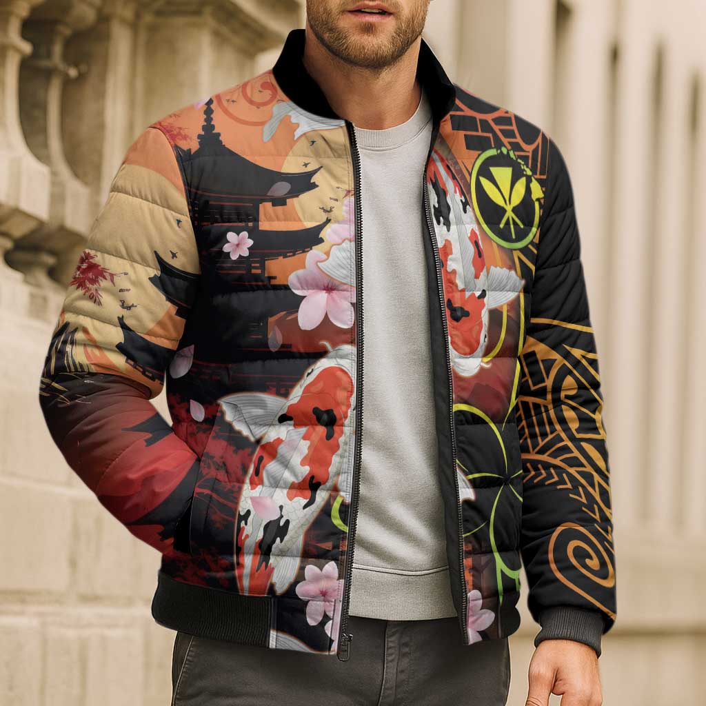 Hawaiian and Japanese Bomber Puffer Jacket Koi Fish With Kanaka Polynesian Tattoo - Polynesian Pride