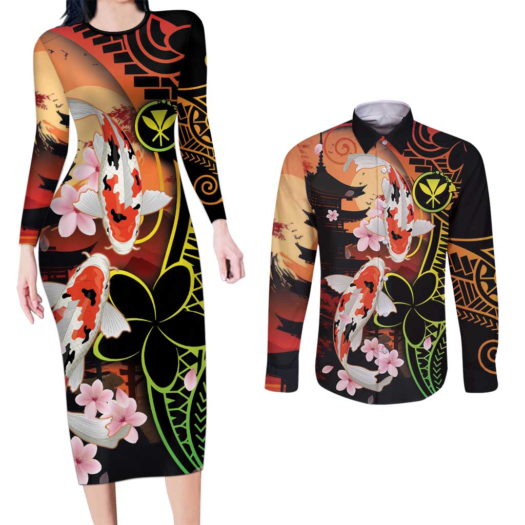 Hawaiian and Japanese Couples Matching Long Sleeve Bodycon Dress and Long Sleeve Button Shirt Koi Fish With Kanaka Polynesian Tattoo LT14 Black - Polynesian Pride