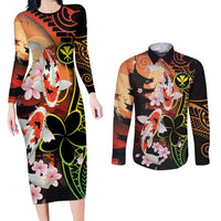 Hawaiian and Japanese Couples Matching Long Sleeve Bodycon Dress and Long Sleeve Button Shirt Koi Fish With Kanaka Polynesian Tattoo LT14 Black - Polynesian Pride