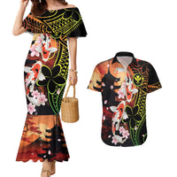 Hawaiian and Japanese Couples Matching Mermaid Dress and Hawaiian Shirt Koi Fish With Kanaka Polynesian Tattoo LT14 Black - Polynesian Pride