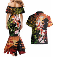 Hawaiian and Japanese Couples Matching Mermaid Dress and Hawaiian Shirt Koi Fish With Kanaka Polynesian Tattoo LT14 - Polynesian Pride