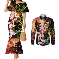 Hawaiian and Japanese Couples Matching Mermaid Dress and Long Sleeve Button Shirt Koi Fish With Kanaka Polynesian Tattoo LT14 Black - Polynesian Pride
