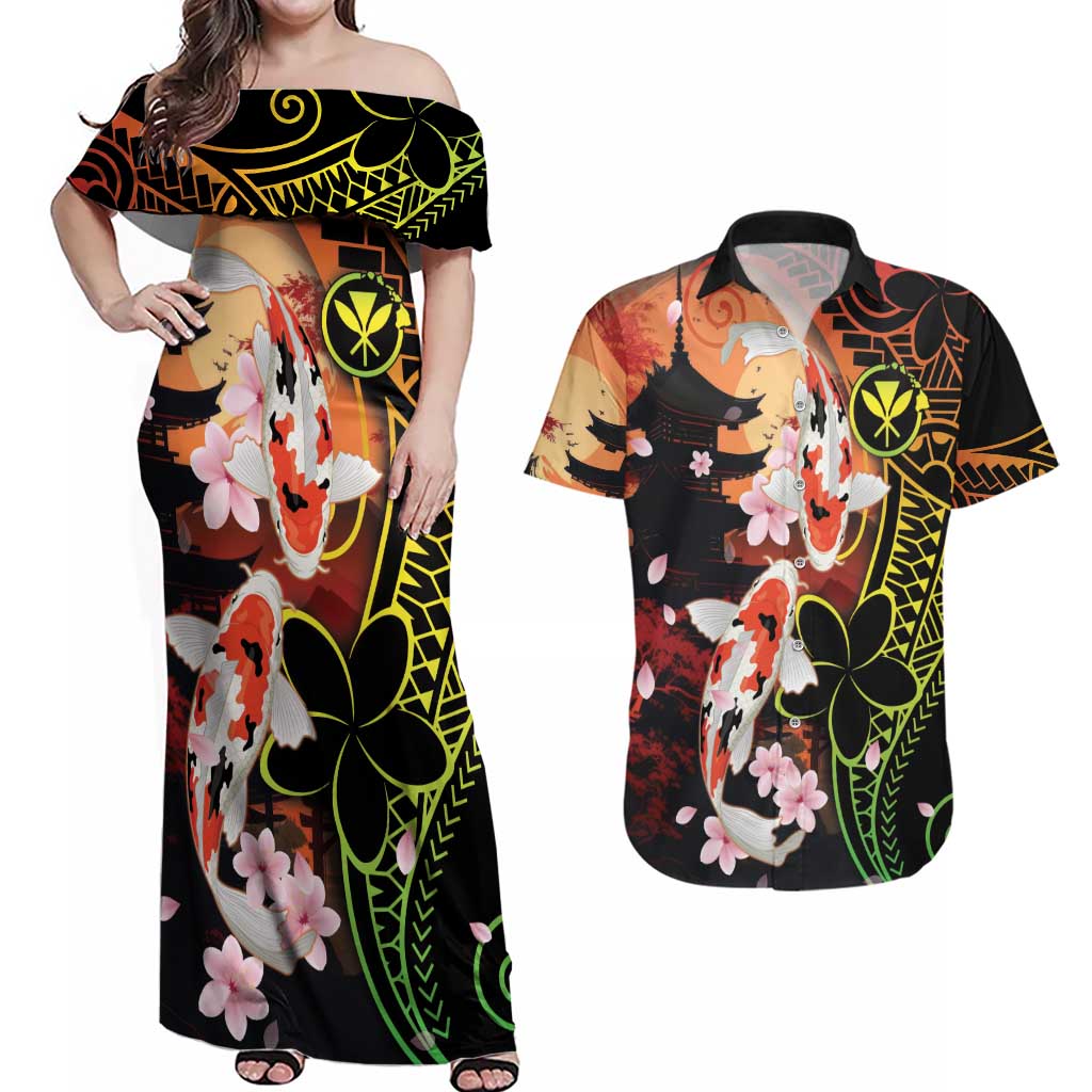 Hawaiian and Japanese Couples Matching Off Shoulder Maxi Dress and Hawaiian Shirt Koi Fish With Kanaka Polynesian Tattoo LT14 Black - Polynesian Pride