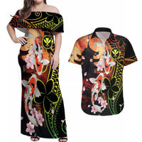 Hawaiian and Japanese Couples Matching Off Shoulder Maxi Dress and Hawaiian Shirt Koi Fish With Kanaka Polynesian Tattoo LT14 Black - Polynesian Pride