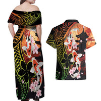 Hawaiian and Japanese Couples Matching Off Shoulder Maxi Dress and Hawaiian Shirt Koi Fish With Kanaka Polynesian Tattoo LT14 - Polynesian Pride