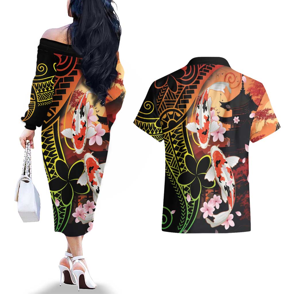 Hawaiian and Japanese Couples Matching Off The Shoulder Long Sleeve Dress and Hawaiian Shirt Koi Fish With Kanaka Polynesian Tattoo - Polynesian Pride