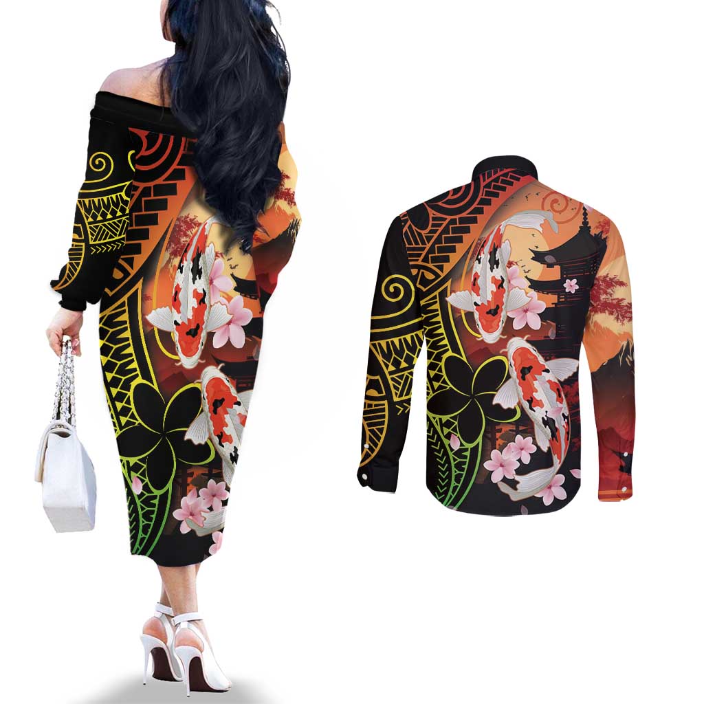 Hawaiian and Japanese Couples Matching Off The Shoulder Long Sleeve Dress and Long Sleeve Button Shirt Koi Fish With Kanaka Polynesian Tattoo LT14 - Polynesian Pride